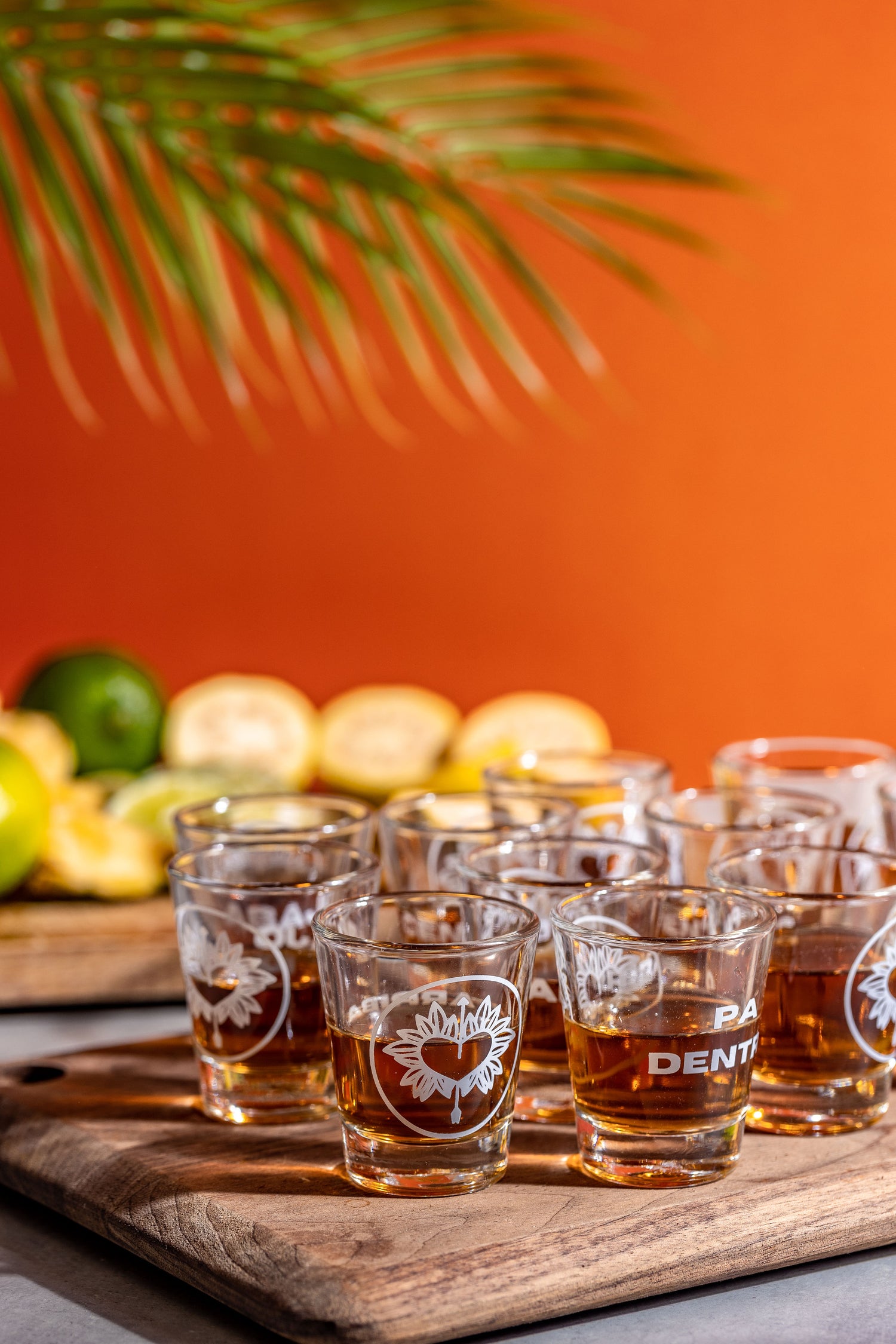 Candela Mamajuana served in signature Salud Shot Glasses, rum shots served on a tray with fruit and palm leaves over orange gradient background